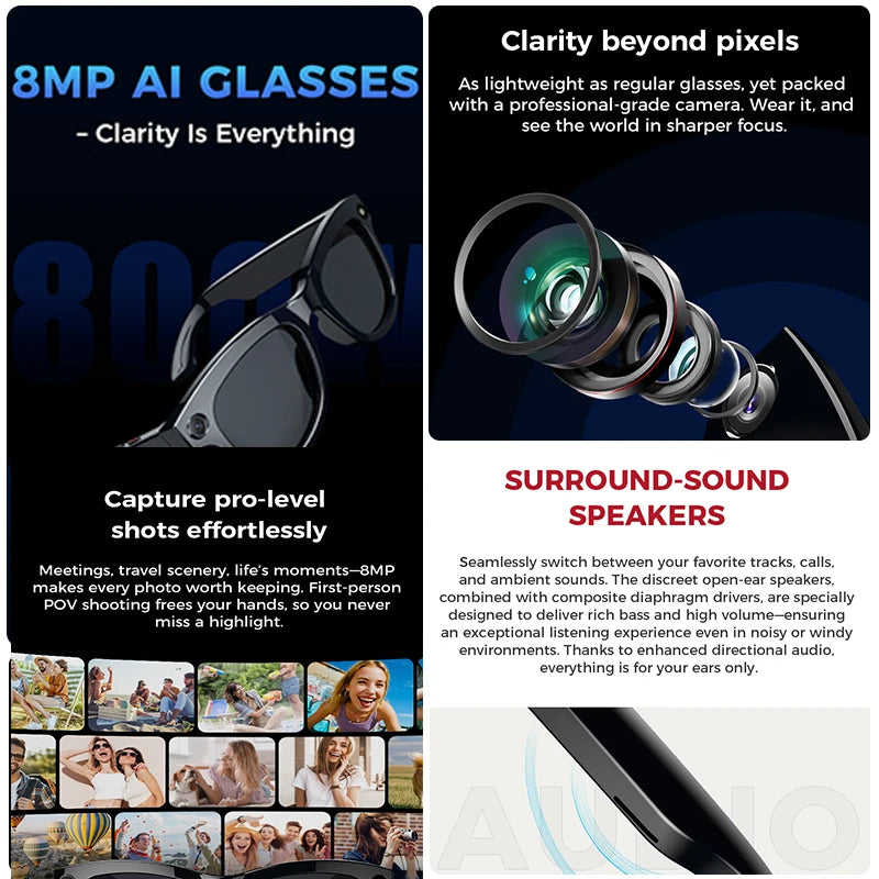 2025 New AI Smart Glasses 8MP HD Camera Sunglasses Photos Video Recorder dual-microphone Anti-blue Smart Waterproof Glasses