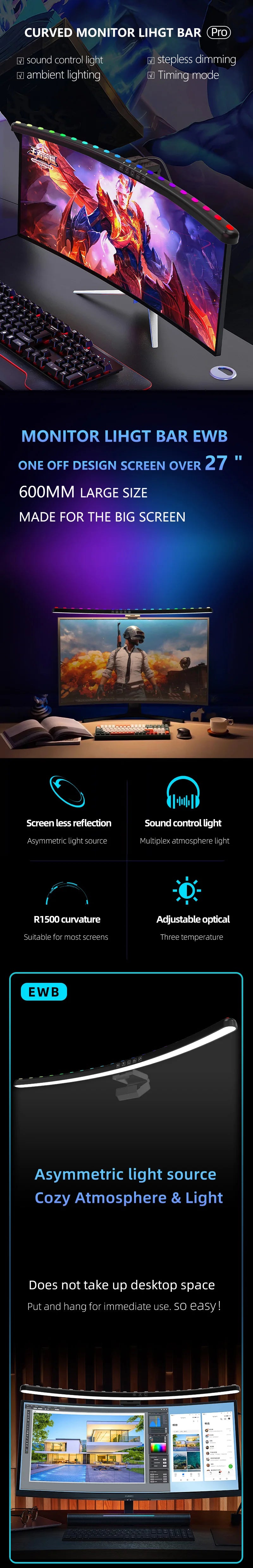 Computer Monitor Light Bar RGB Music Rhythm Screen Hanging Lights Dimming Desk Lamp Reading Gaming Table Lighting