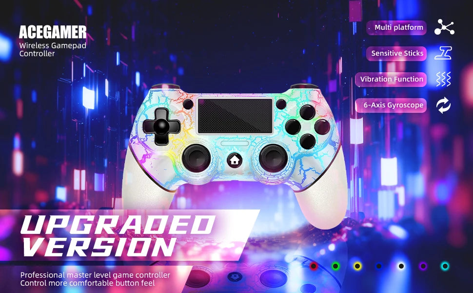 AceGamer RGB Wireless Controller for PS4 Black/White Crack Led with RGB Light,1000mAh Compatible with PS4/Slim/Pro/PC