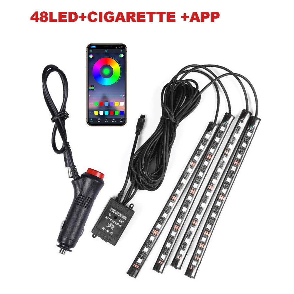 72/48/36 LED RGB Car Foot Ambient Light with USB Cigarette Automotive Interior Lights Strip Decoration Bar Remote/Voice Control