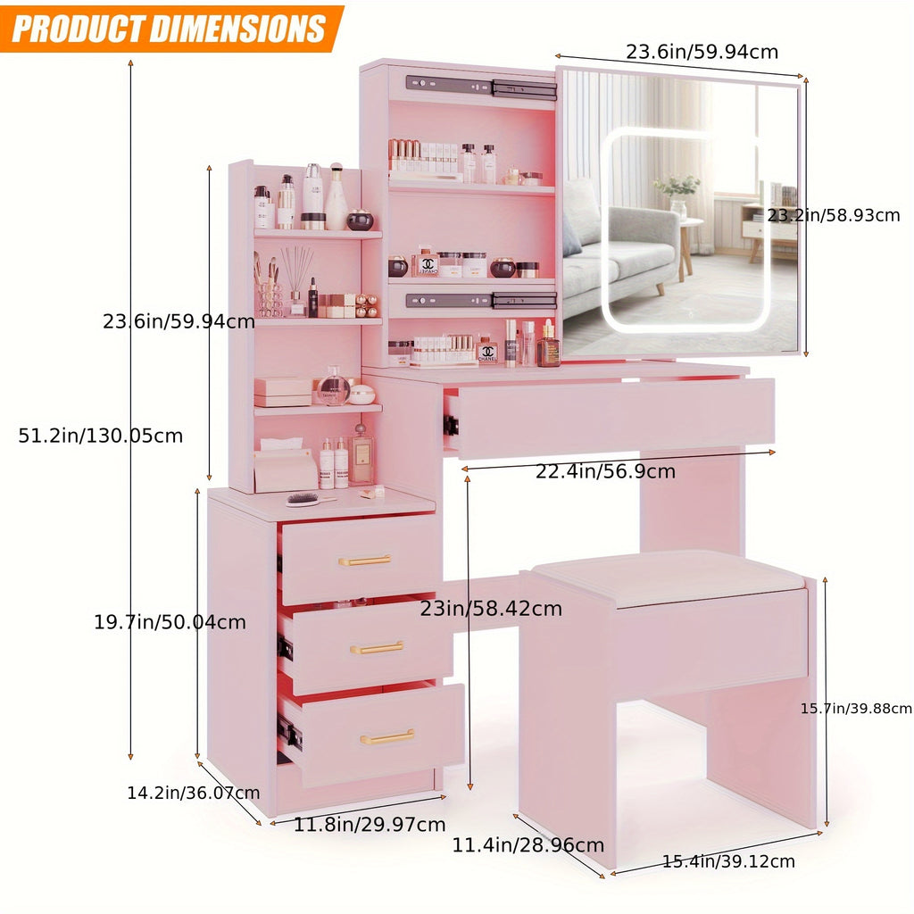 ARIGEAS Vanity Desk with Mirror and LED Lights, Makeup Vanity Desk with Sliding Lighted Mirror, Charging Station, Dressing Table with 4 Drawers, Storage Shelves & Cushioned Stool for Bedroom, Pink