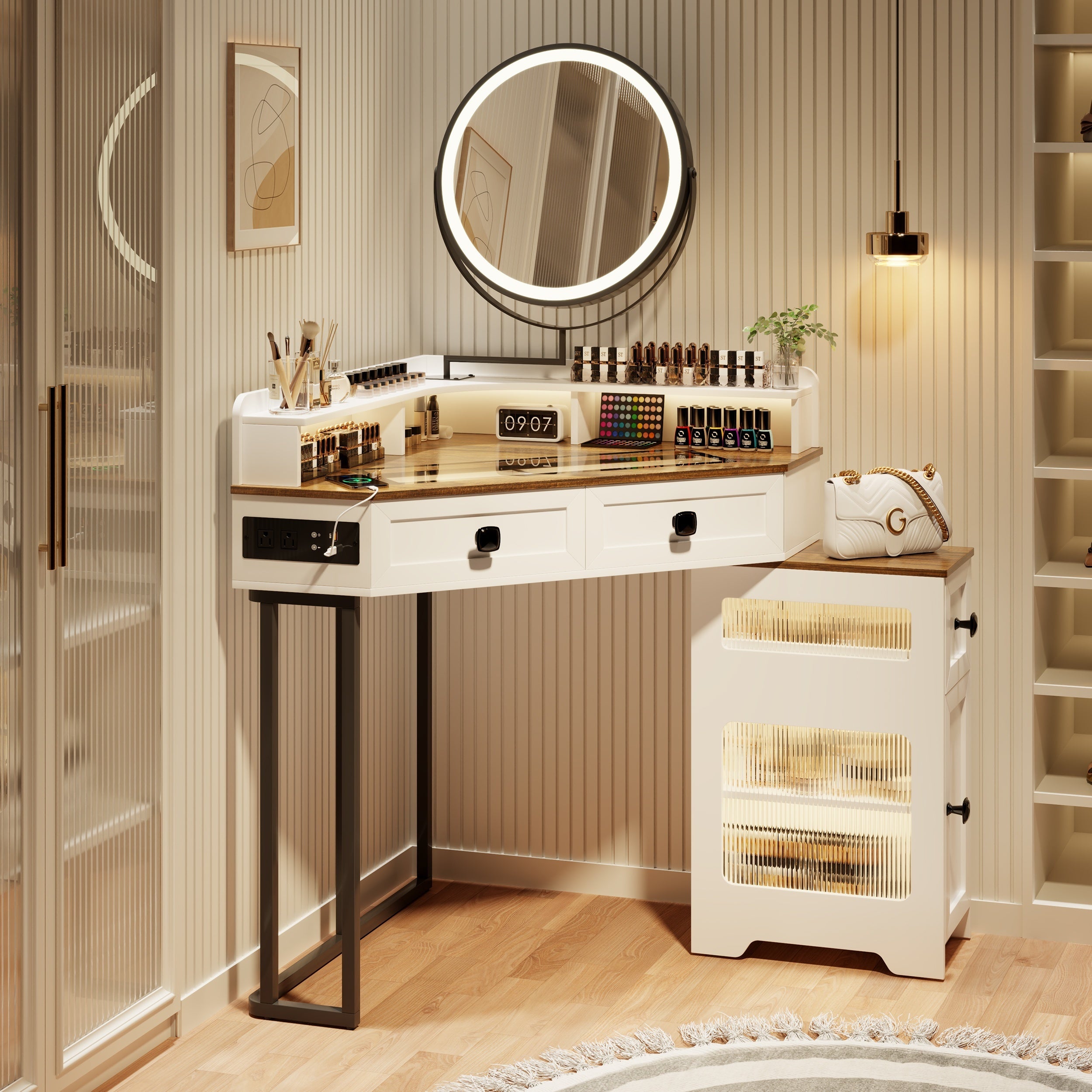 [Corner Vanity With Mirror Lights] FREDEES Corner Vanity With Mirror And Lights, Modern Makeup Vanity Set With Charging Station For Bedroom/Cloakroom, Glass Top Vanity Table With Drawers And Shelves, Grey