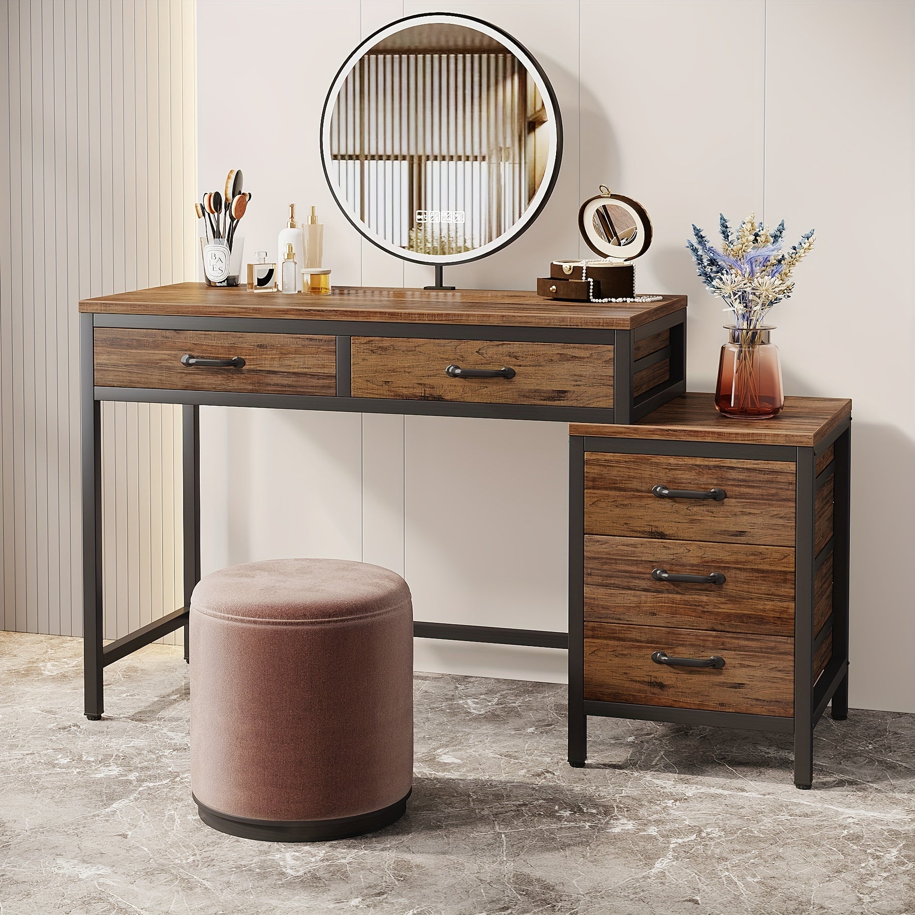 LITTLE TREE Vanity Desk with 5 Drawers, Makeup Vanity Table Dressing Table with Side 3-Drawer Chest, Make Up Vanities for Women, Girls (Without Mirror)