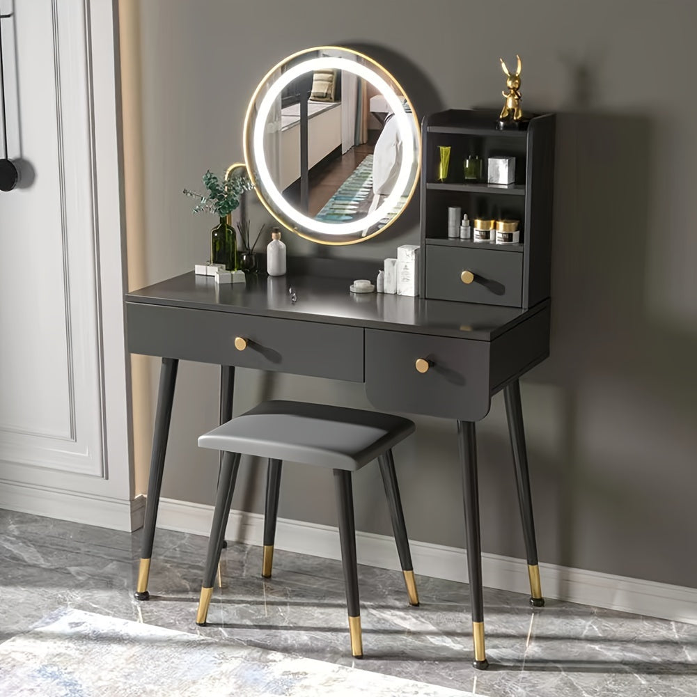 Chrangmay Makeup Vanity Desk with Mirror and Lights, Vanity Table Set with Storage Drawer & Chair & 3 Shelves, Bedroom
