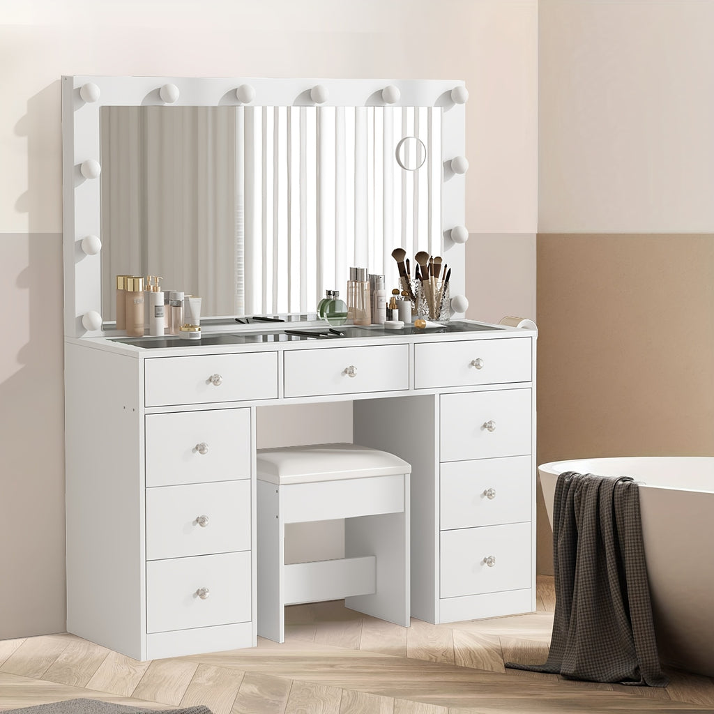1 Set 11 Drawers with 12 LED Lights Makeup Vanity Table Set with Chair, White Vanity Table With Lighted Mirror, Makeup Desk Dressing Table With Storage Drawers And Cushioned Stool For Bedroom, Vanity Set 3 Lighting Modes Brig