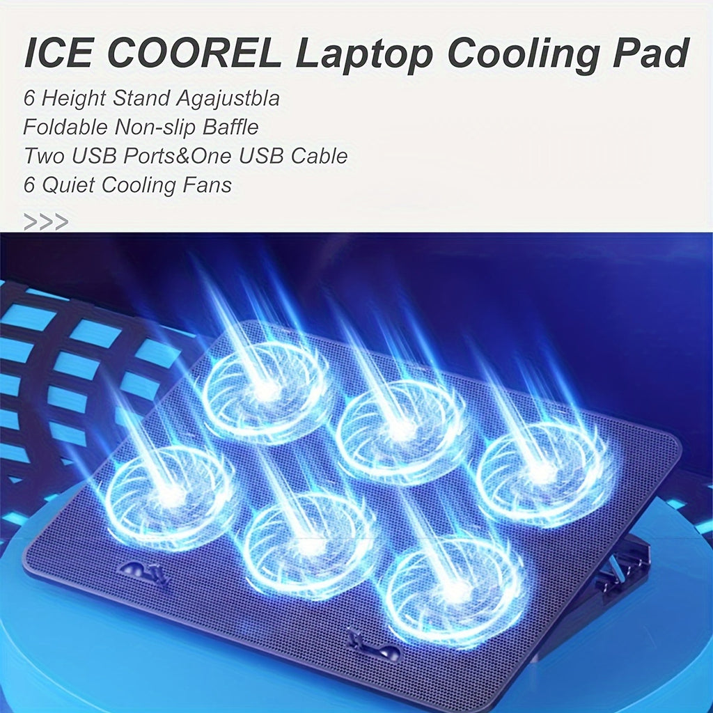 Laptop Cooler With 6 Quiet Fans For 13-18 Inch Notebook Gaming Fan Stable Stand, 5 Height & Wind Speed Adjustable, 2 USB Port.