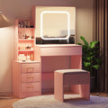 ARIGEAS Vanity Desk with Mirror and LED Lights, Makeup Vanity Desk with Sliding Lighted Mirror, Charging Station, Dressing Table with 4 Drawers, Storage Shelves & Cushioned Stool for Bedroom, Pink