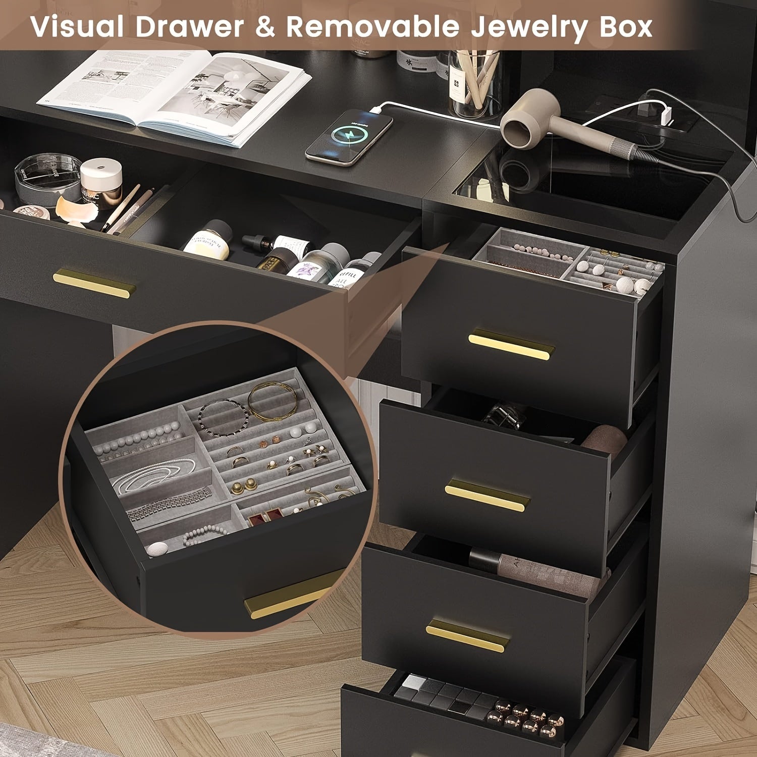 Makeup Vanity Desk with Mirror&5 Drawers, Black Vanity Table with Charging Station and Chair and Storage Shelves for Women Girls