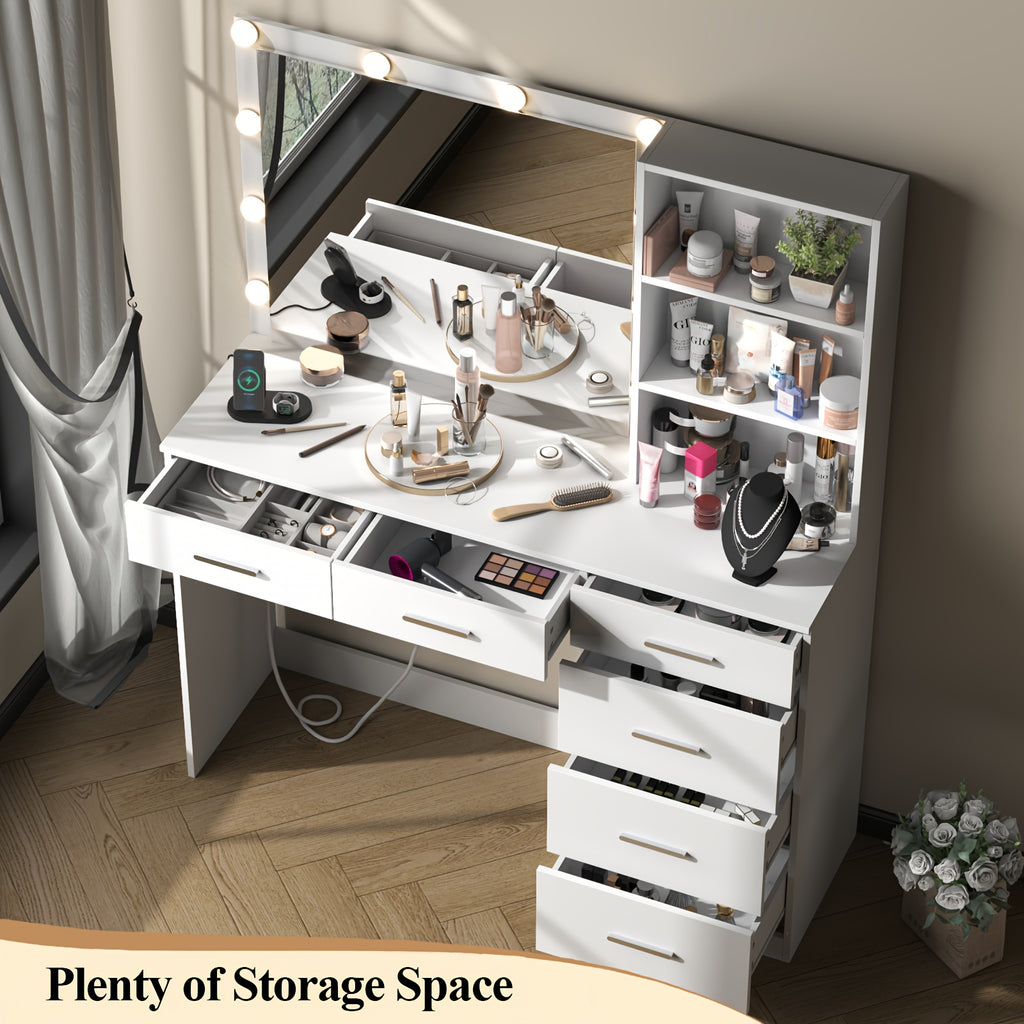 Vanity Desk with Lights, 6-Drawers Makeup Vanity Table with  Socket Outlet and Storage Shelves, Dressing Table with Lighted Mirror for Women Girls