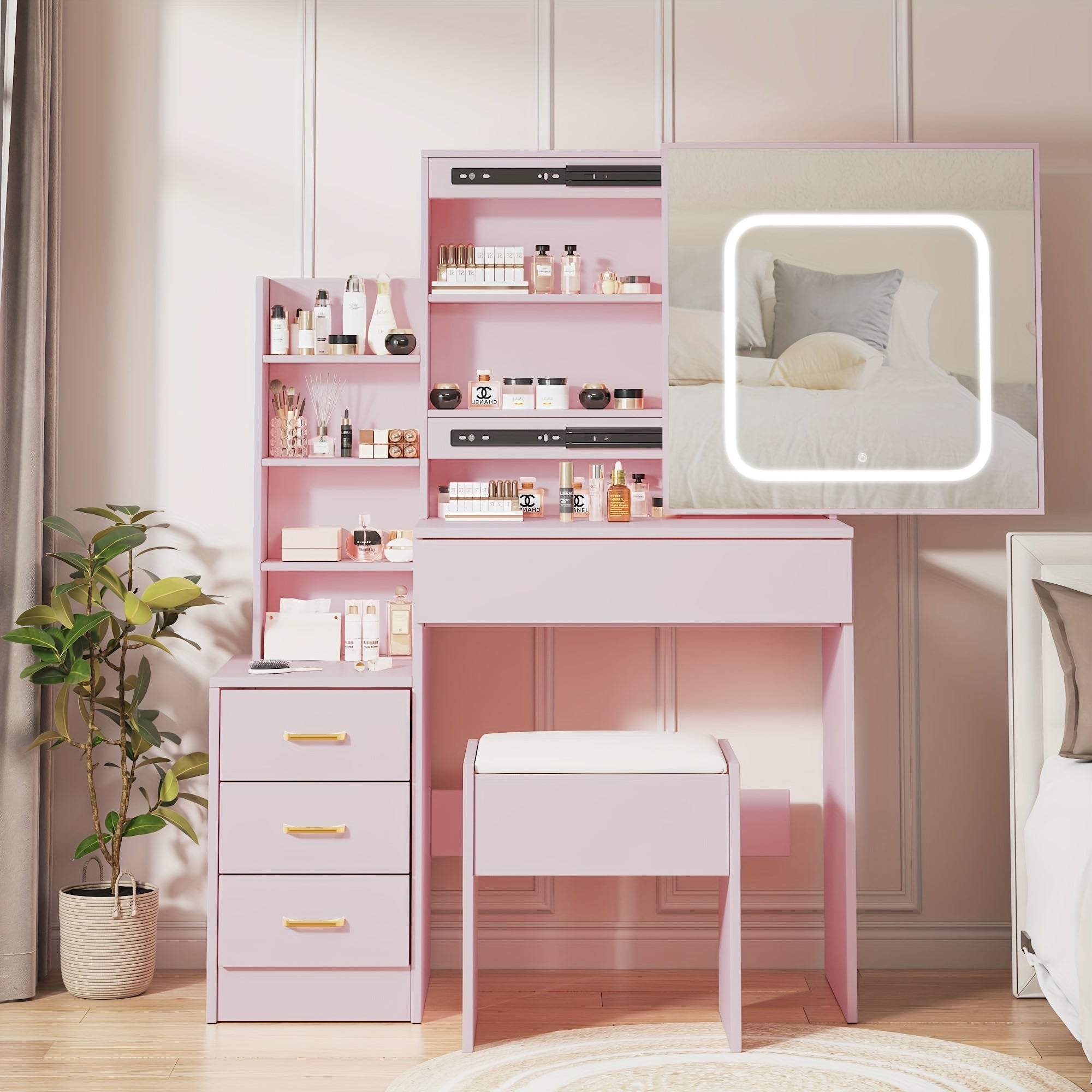 ARIGEAS Vanity Desk with Mirror and LED Lights, Makeup Vanity Desk with Sliding Lighted Mirror, Charging Station, Dressing Table with 4 Drawers, Storage Shelves & Cushioned Stool for Bedroom, Pink