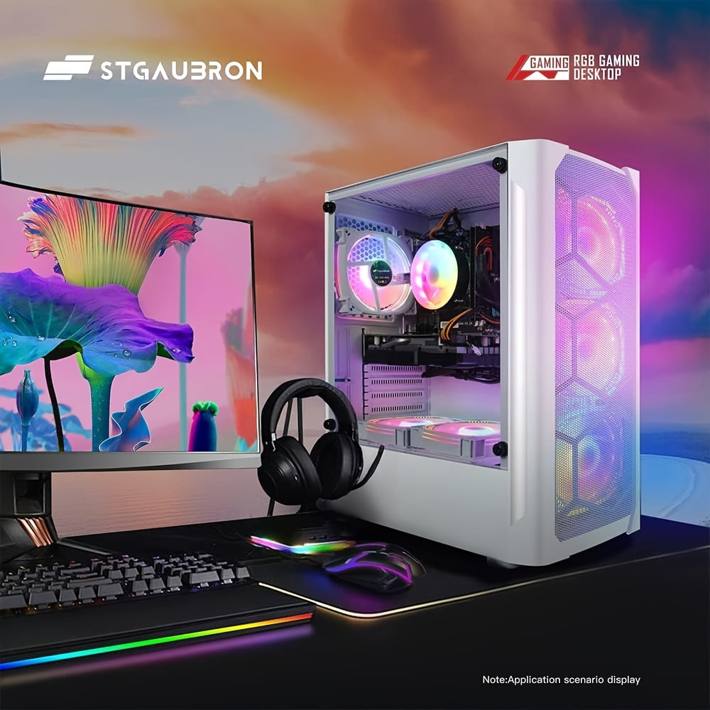 STGAubron Gaming Diamond Desktop, Intel Core I7 3.4 GHz Up To 3.9 GHz, GTX 1660 Ti 6G GDDR6, 16G RAM, 512G SSD, WIFI, Wireless 5.0, RGB Fan X 6, RGB Keyboard & Mouse, RGB Mouse Pad, RGB BT Sound Bar, W10H64