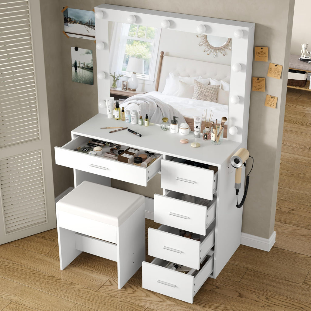 1 Set 5 Drawers with 11 LED Lights Makeup Vanity Table Set with Chair, White Vanity Table With Lighted Mirror, Makeup Desk Dressing Table With Storage Drawers And Cushioned Stool For Bedroom, Vanity Set 3 Lighting Modes Brigh