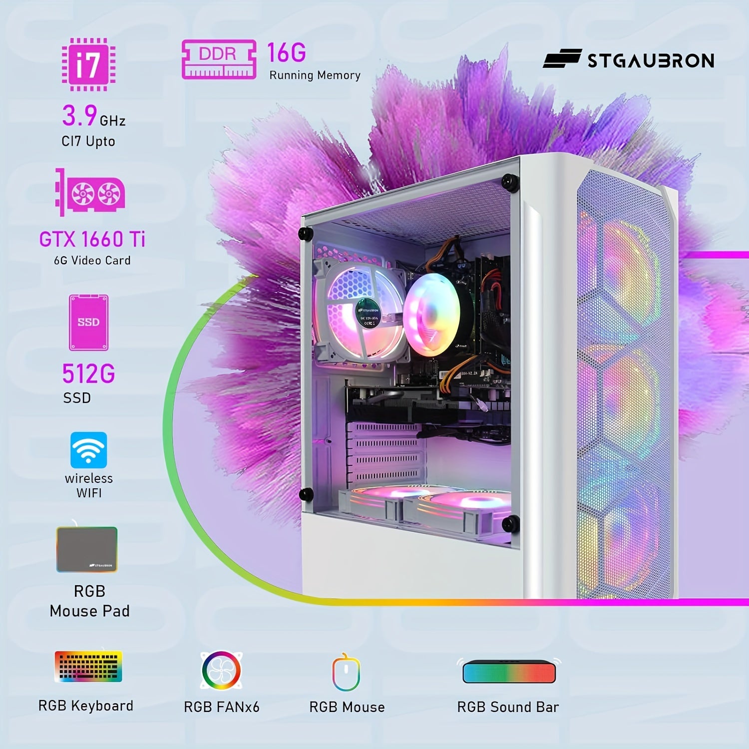 STGAubron Gaming Diamond Desktop, Intel Core I7 3.4 GHz Up To 3.9 GHz, GTX 1660 Ti 6G GDDR6, 16G RAM, 512G SSD, WIFI, Wireless 5.0, RGB Fan X 6, RGB Keyboard & Mouse, RGB Mouse Pad, RGB BT Sound Bar, W10H64