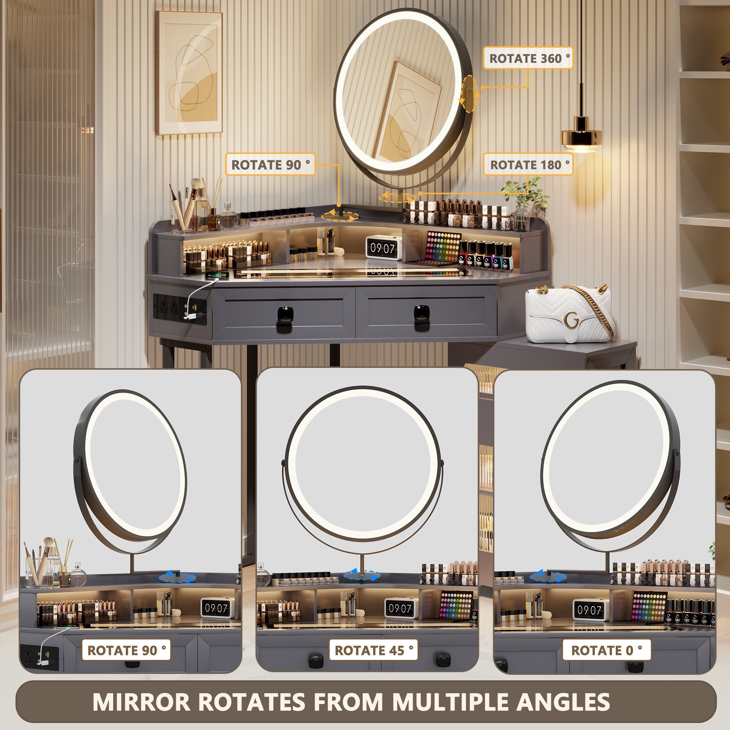 [Corner Vanity With Mirror Lights] FREDEES Corner Vanity With Mirror And Lights, Modern Makeup Vanity Set With Charging Station For Bedroom/Cloakroom, Glass Top Vanity Table With Drawers And Shelves, Grey