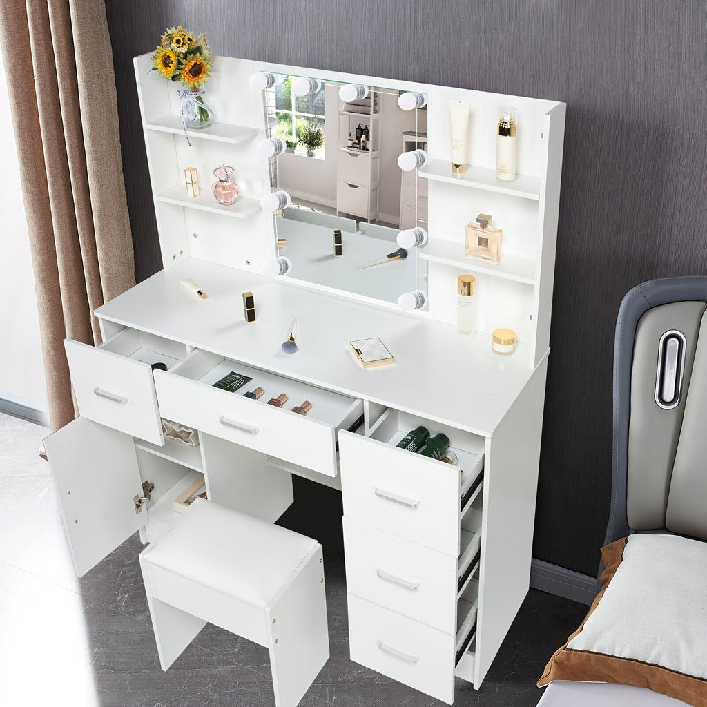 1 Set Vanity Desk With Mirror & Light, Large Makeup Vanity With Drawers And Open Shelves, Vanity Table With Cushioned Stool, 3 Lighting Colors Modern Dressing Table Vanity Set For Bedroom