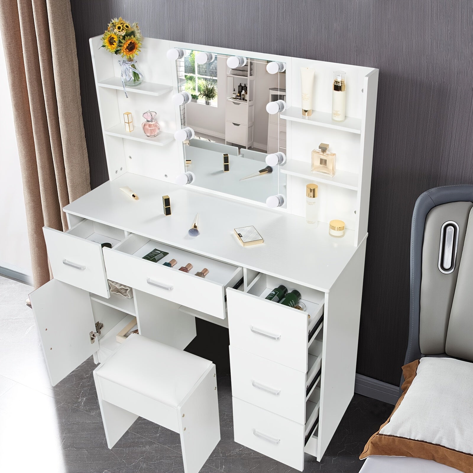 1 Set Vanity Desk With Mirror & Light, Large Makeup Vanity With Drawers And Open Shelves, Vanity Table With Cushioned Stool, 3 Lighting Colors Modern Dressing Table Vanity Set For Bedroom