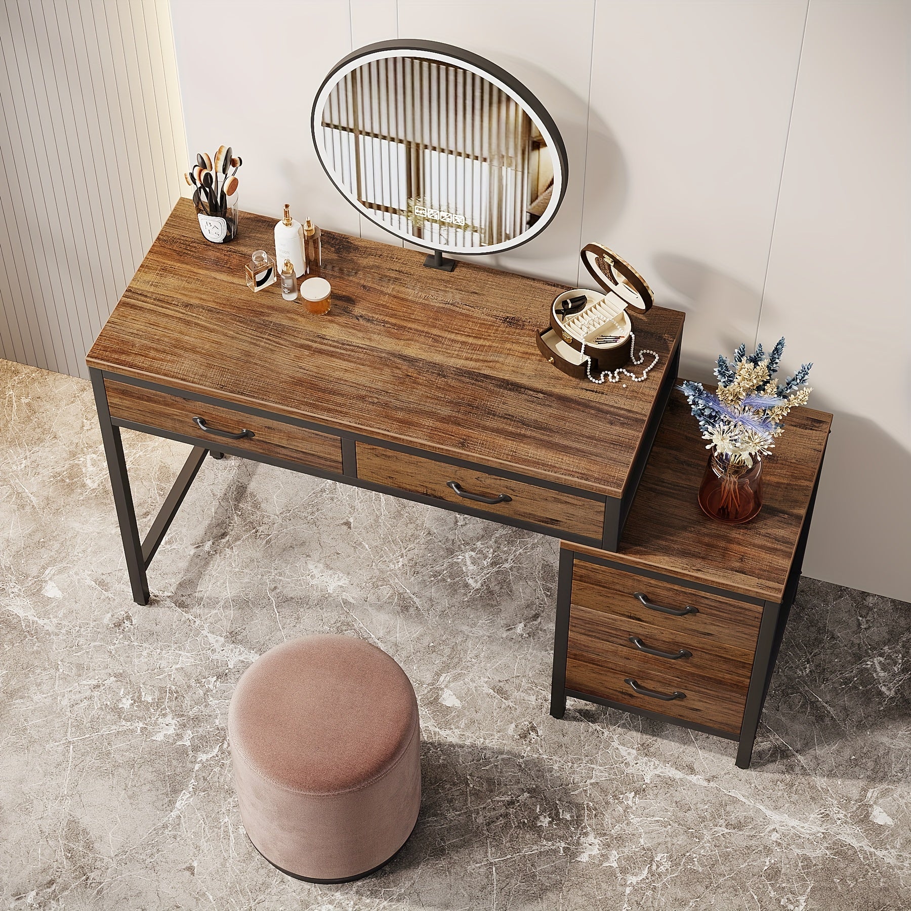 LITTLE TREE Vanity Desk with 5 Drawers, Makeup Vanity Table Dressing Table with Side 3-Drawer Chest, Make Up Vanities for Women, Girls (Without Mirror)