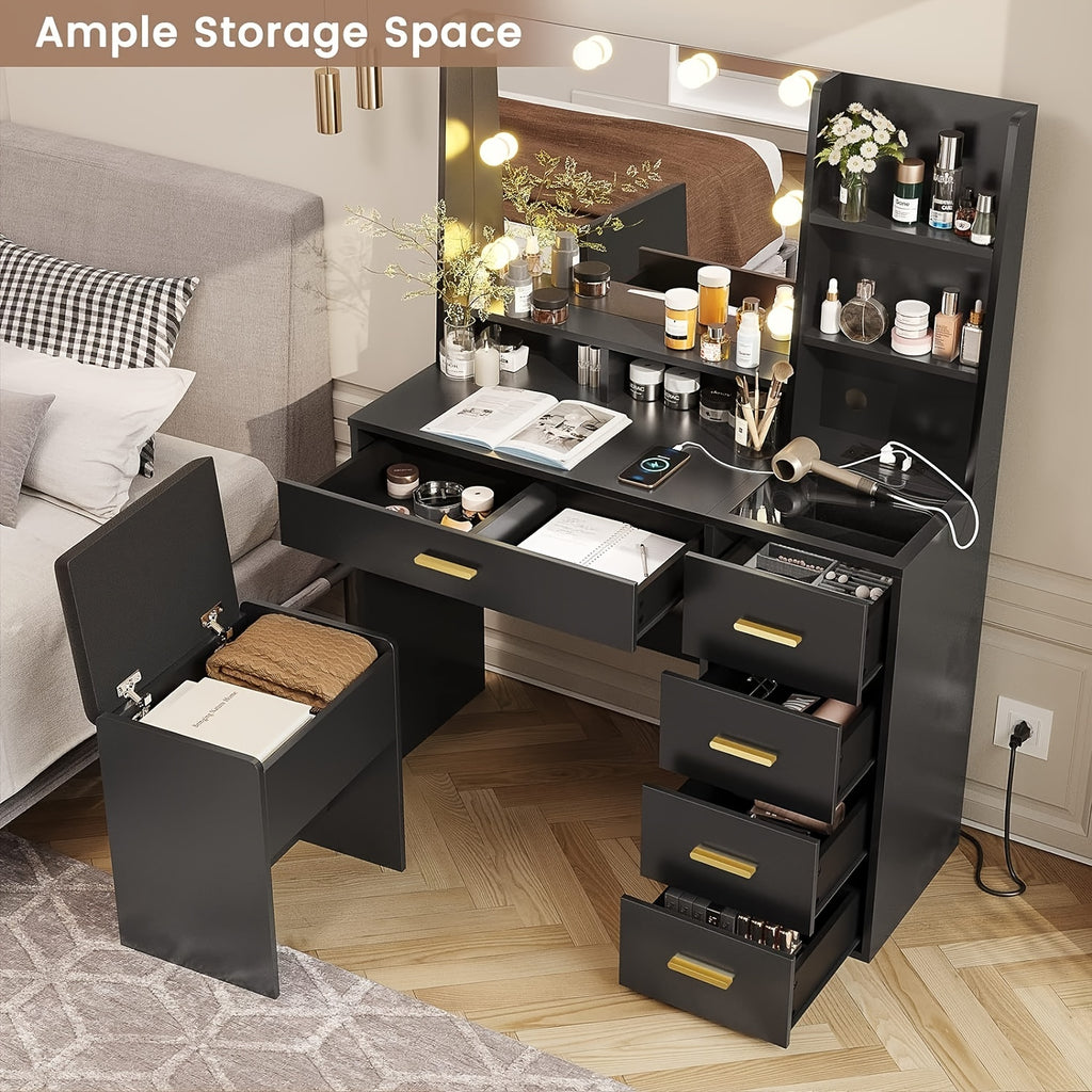 Makeup Vanity Desk with Mirror&5 Drawers, Black Vanity Table with Charging Station and Chair and Storage Shelves for Women Girls