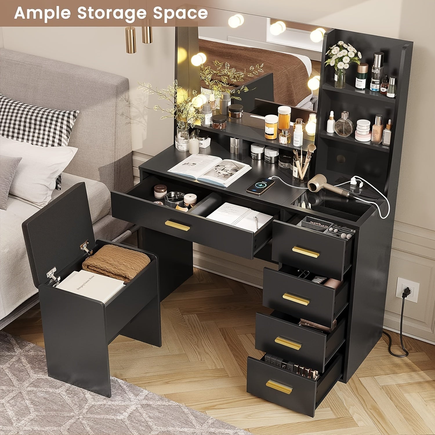 Makeup Vanity Desk with Mirror&5 Drawers, Black Vanity Table with Charging Station and Chair and Storage Shelves for Women Girls