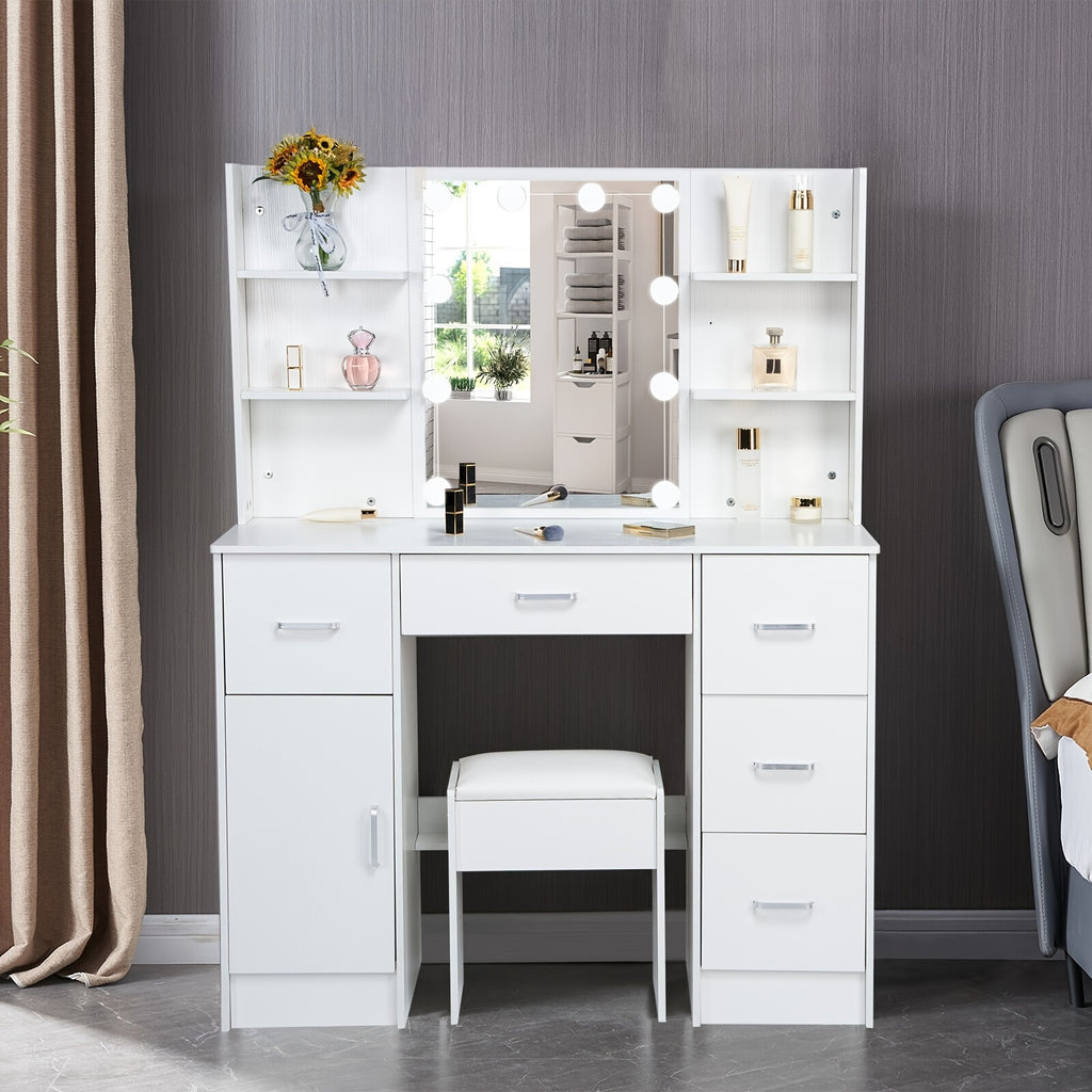 1 Set Vanity Desk With Mirror & Light, Large Makeup Vanity With Drawers And Open Shelves, Vanity Table With Cushioned Stool, 3 Lighting Colors Modern Dressing Table Vanity Set For Bedroom