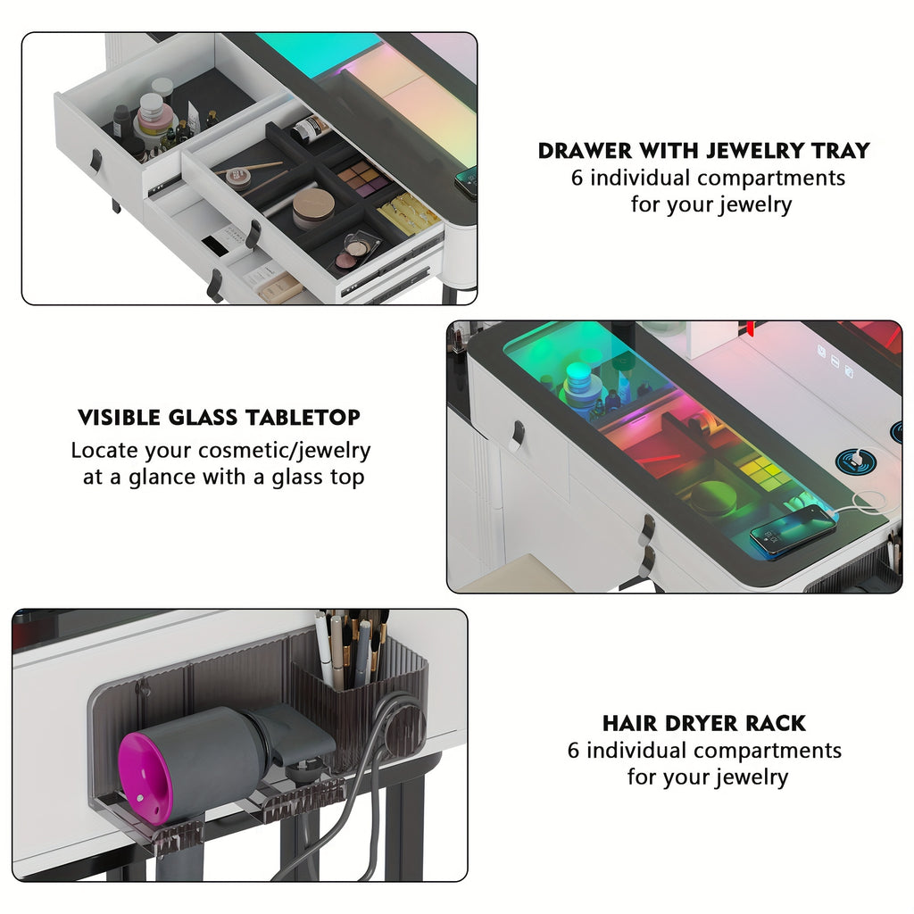 RGB Makeup Vanity Desk with Mirror and Lights, 7 Dynamic&7 Static Dimmable Vanity Table Set with Wireless Charging Station, Make up Vanity with Stool, Glass Top, 3-Tier Shelf, 6 Drawers