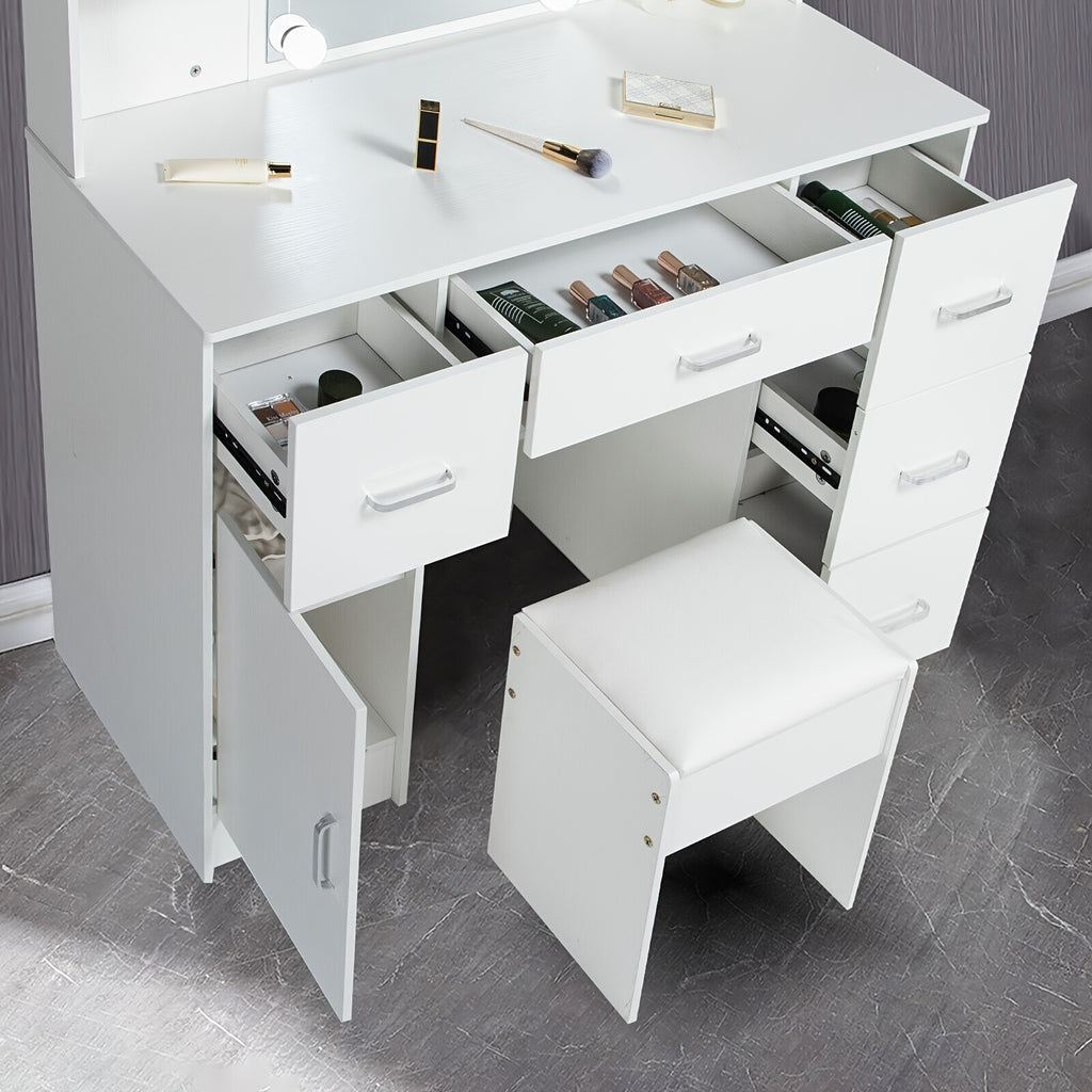 1 Set Vanity Desk With Mirror & Light, Large Makeup Vanity With Drawers And Open Shelves, Vanity Table With Cushioned Stool, 3 Lighting Colors Modern Dressing Table Vanity Set For Bedroom