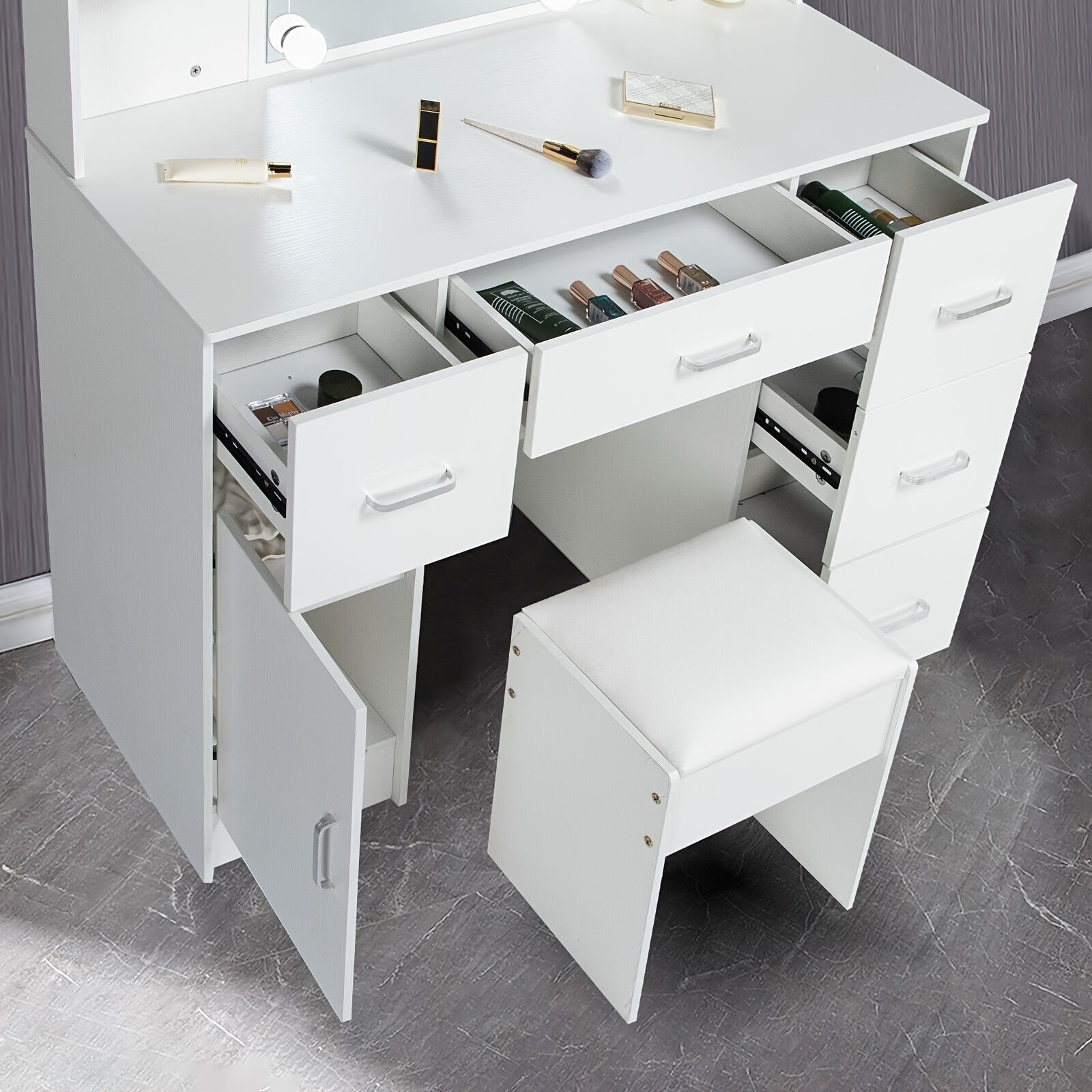 1 Set Vanity Desk With Mirror & Light, Large Makeup Vanity With Drawers And Open Shelves, Vanity Table With Cushioned Stool, 3 Lighting Colors Modern Dressing Table Vanity Set For Bedroom