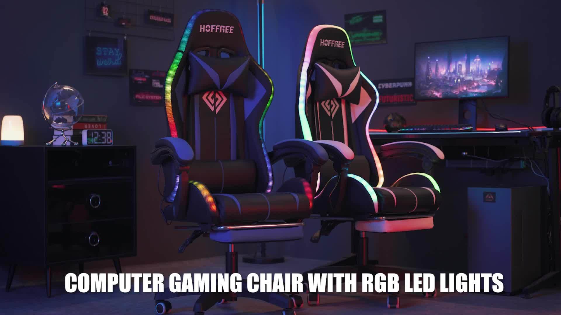 RGB Gaming Chair with LED Lights and Massage Ergonomic Computer Chair High Back Video Game Chair with Footrest and Adjustable Lumbar Support Linkage Armrest