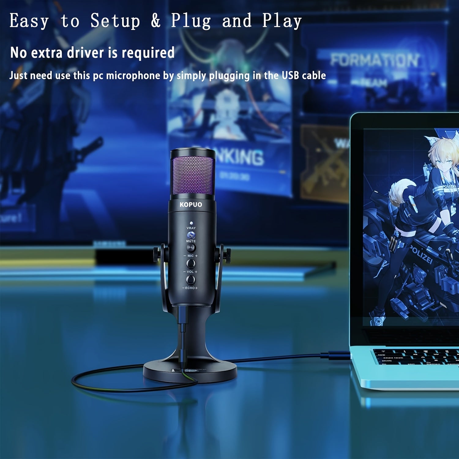 RGB USB Gaming/Podcast Computer Microphone, Condenser Desktop Singing PC Mic, Dynamic Heart-Shaped Directional Mics for Radio/Vocal/Voice, for PS4/5, for Mac, for YouTube/Live Streaming/Media/Recording