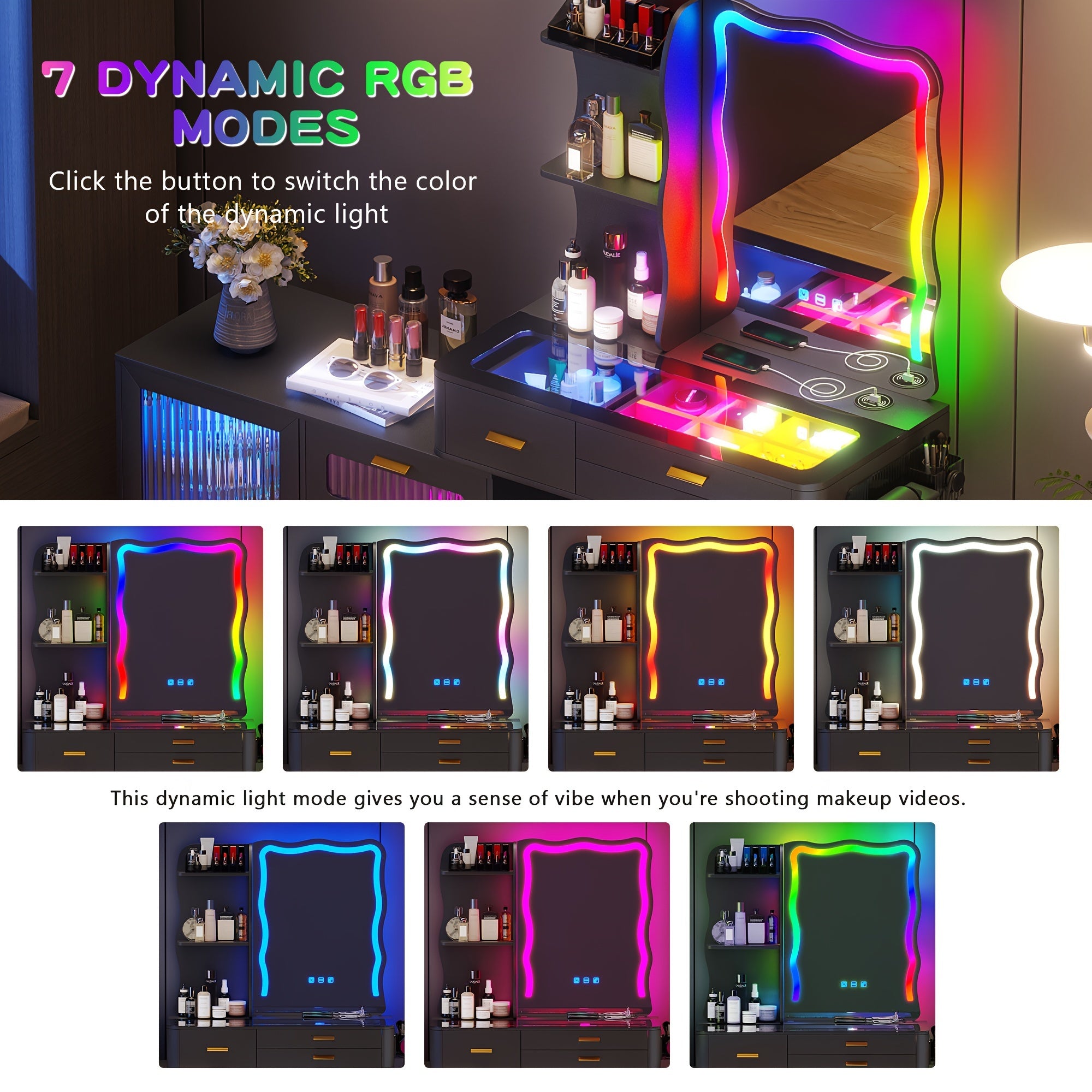 Lvifur RGB Makeup Vanity Desk with Lights, Glass Top Vanity Table with 24 Color Dimmable Lights, Large Vanity Set with 8 Drawers, Dressing Table with Cushioned Stool, Black
