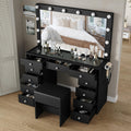 1 Set 11 Drawers with 12 LED Lights Makeup Vanity Table Set with Chair, Black Vanity Table With Lighted Mirror, Makeup Desk Dressing Table With Storage Drawers And Cushioned Stool For Bedroom, Vanity Set 3 Lighting Modes Brig