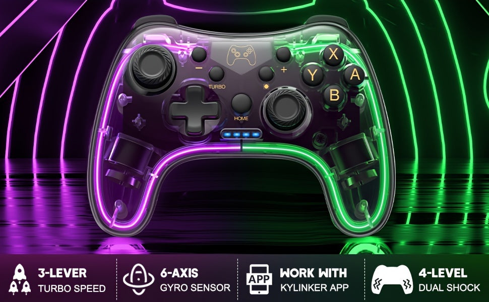 The Controller Is Compatible With Switch/Lite/OLED And PC/Android/IOS, And Comes With An RGB Breathing LED, The Controller Also Supports Remote Applications With Turbo And Wake-up Functions