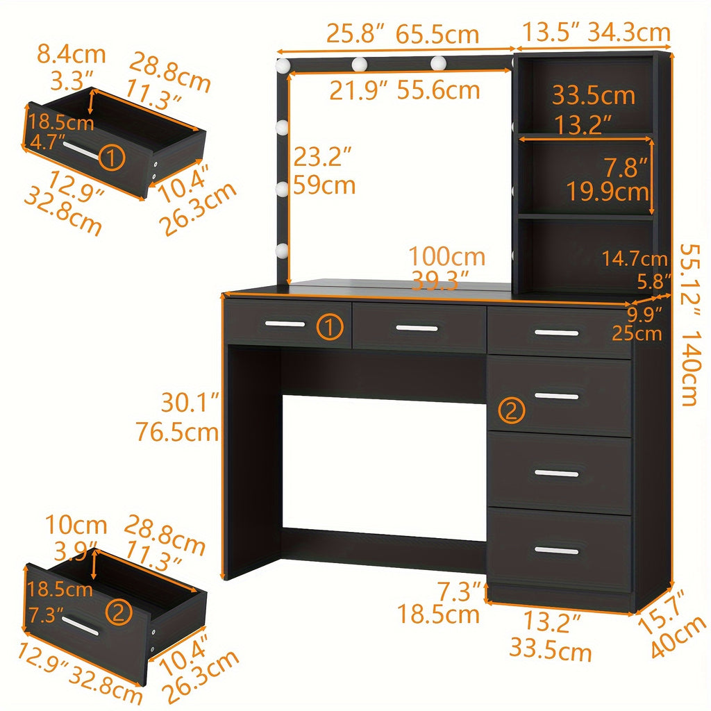 Modern Vanity Desk with Storage Shelves and Mirror, 6 Drawers Makeup Vanity Table