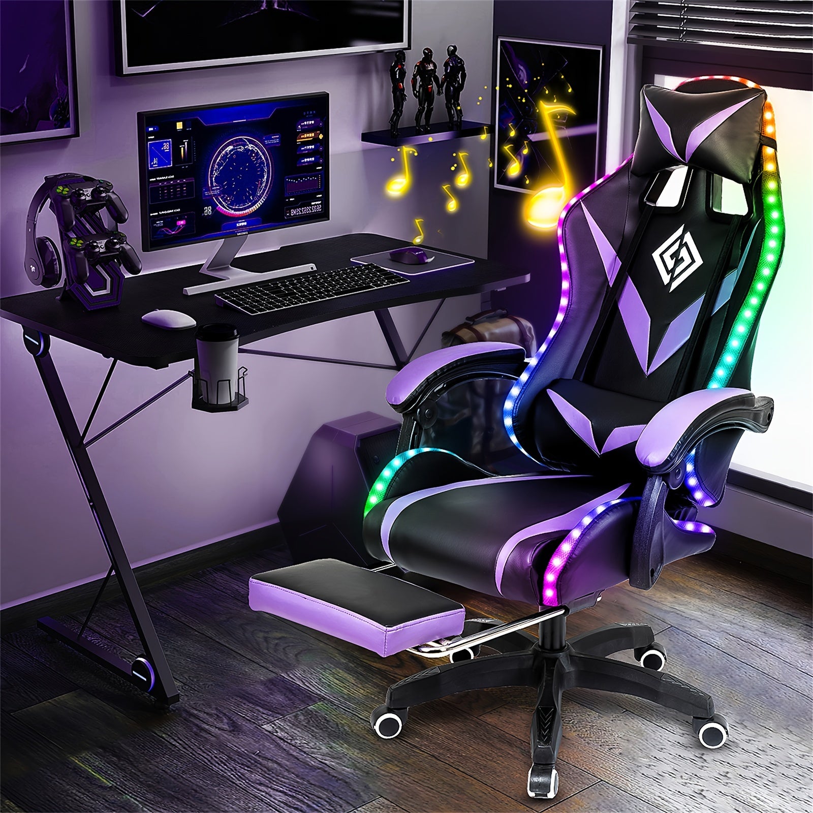 HOFFREE 2 Point Massage Lumbar Support 135° LED Light Bar Wireless Speaker - Ergonomic Gaming Chair With USB-Powered, Sponge-Filling, Rotating Back & Cushioned Seat For PC, Laptop, Gaming Setup, Wireless Gaming Chair, Comfor