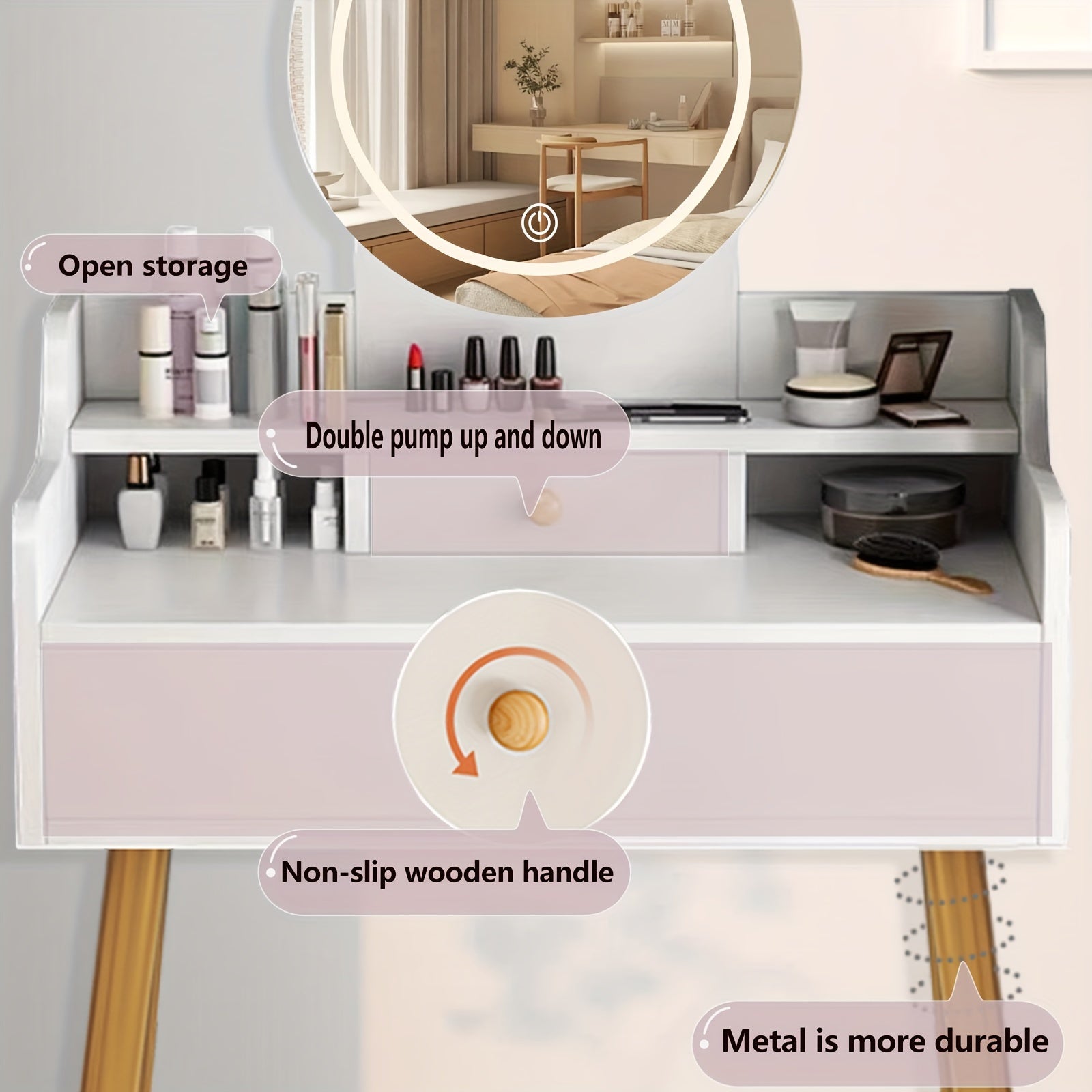 Vanity Desk With Lights With Mirror And Lights, 3 Lighting Modes, Dressing Table With Drawers, Multifunctional Makeup Vanity Table For Women Girls Bedroom Small Space