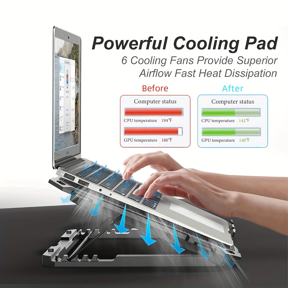 Laptop Cooler With 6 Quiet Fans For 13-18 Inch Notebook Gaming Fan Stable Stand, 5 Height & Wind Speed Adjustable, 2 USB Port.