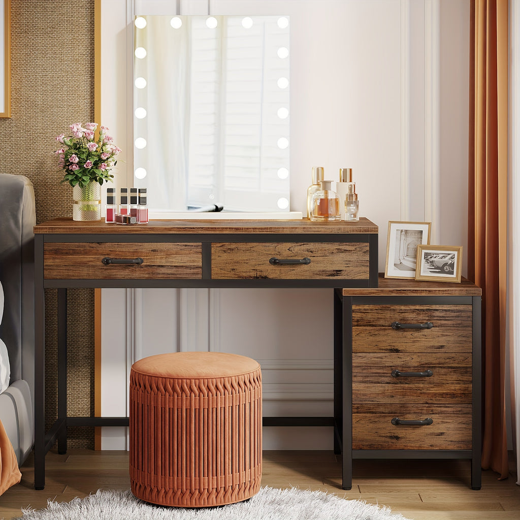 LITTLE TREE Vanity Desk with 5 Drawers, Makeup Vanity Table Dressing Table with Side 3-Drawer Chest, Make Up Vanities for Women, Girls (Without Mirror)