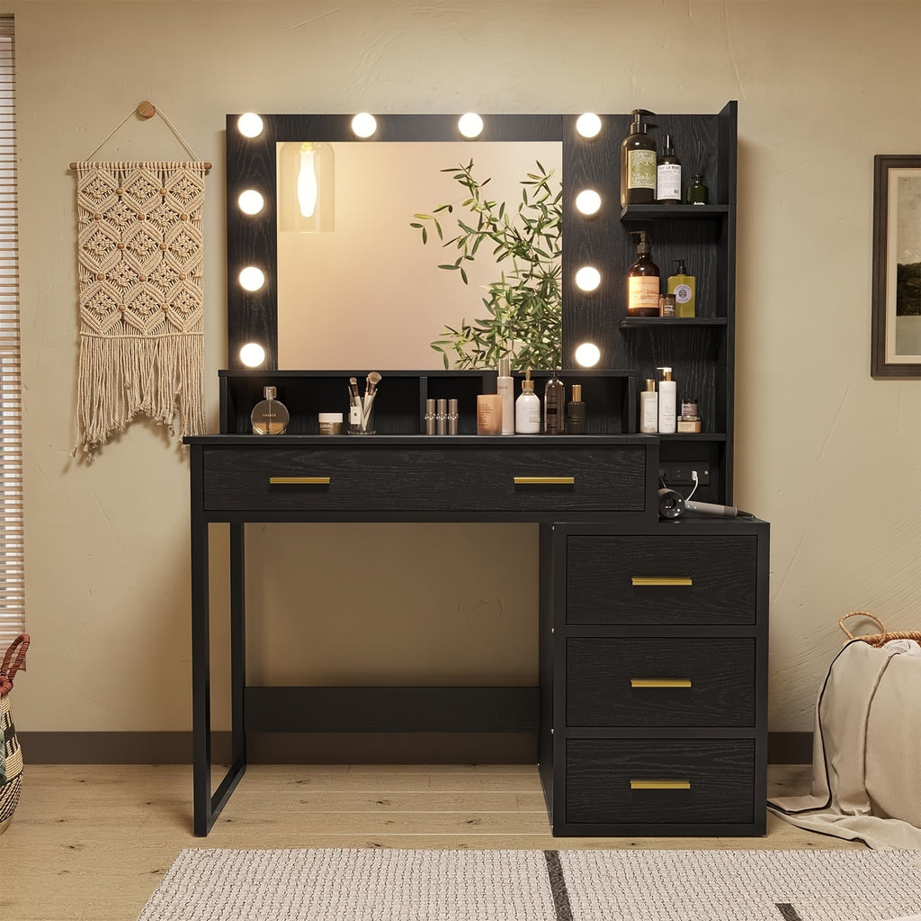 Luxurious Black Makeup Vanity Table with Storage - 3 Lighting Modes, USB Ports, Outlets, and Spacious Drawers - Perfect for Beauty Enthusiasts and Professionals