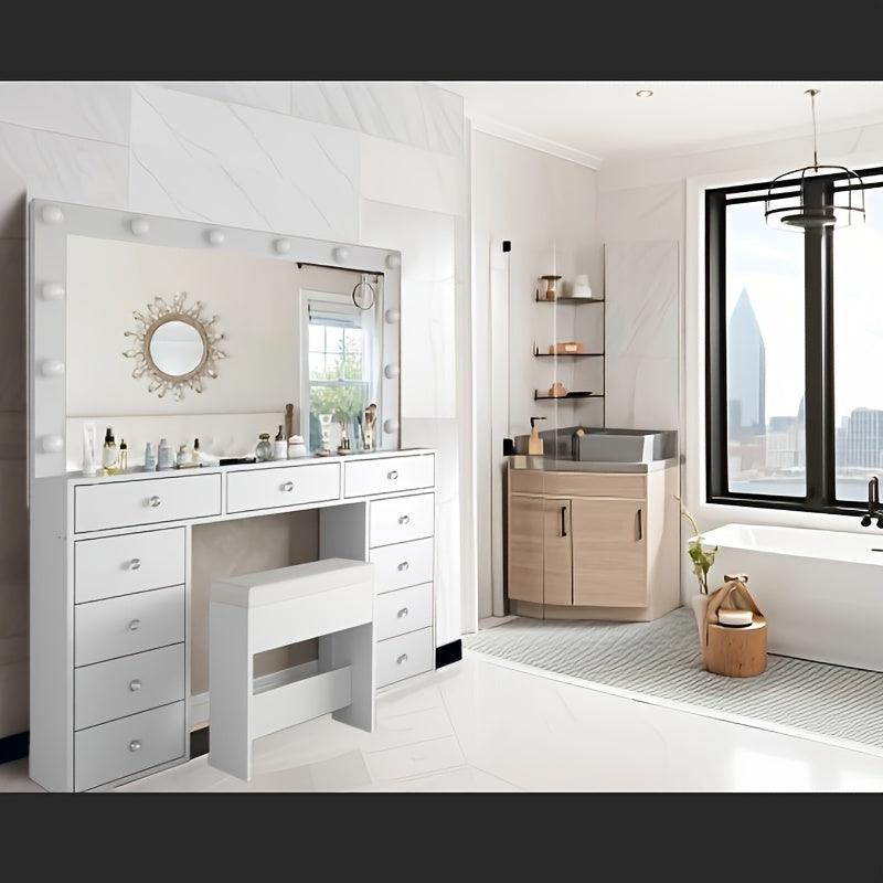 1 Set 11 Drawers with 12 LED Lights Makeup Vanity Table Set with Chair, White Vanity Table With Lighted Mirror, Makeup Desk Dressing Table With Storage Drawers And Cushioned Stool For Bedroom, Vanity Set 3 Lighting Modes Brig