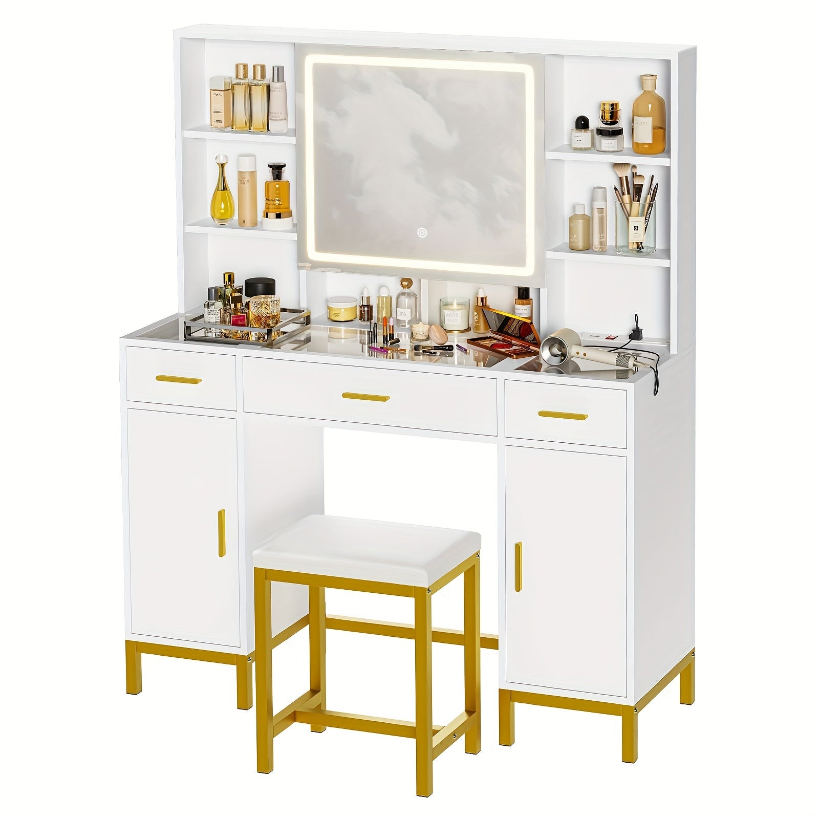 3 Drawers & 2 Cabinets White Vanity Table With Glass Tabletop, Openable Mirror And Lights, Charging Station, DIY Drawer Dividers, Hidden Hooks Makeup Vanity Set