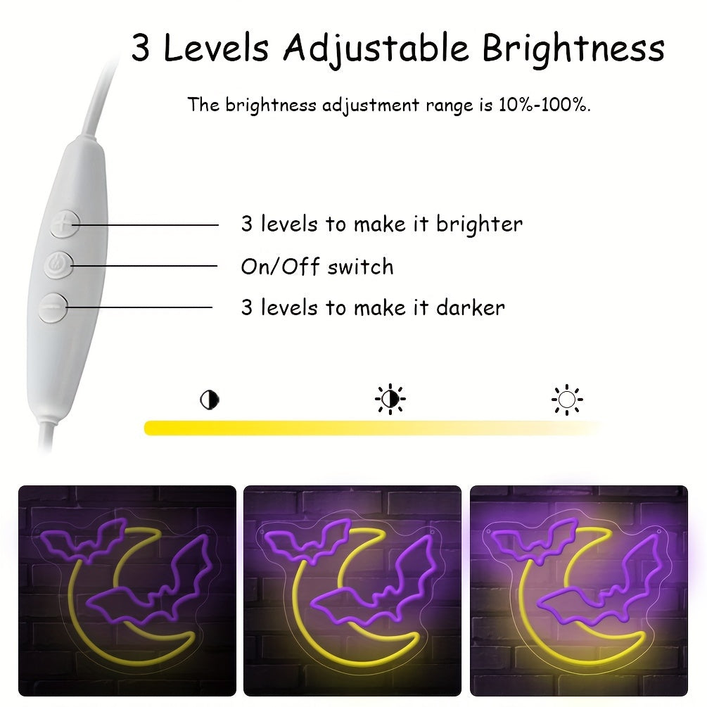 1pc Halloween Decorations Neon Signs, Moon And Bat LED Light, Neon Light Up Halloween Party, USB Powerd Gothic Neon Lamp For Festival Wall Decor, Bar, Bedroom