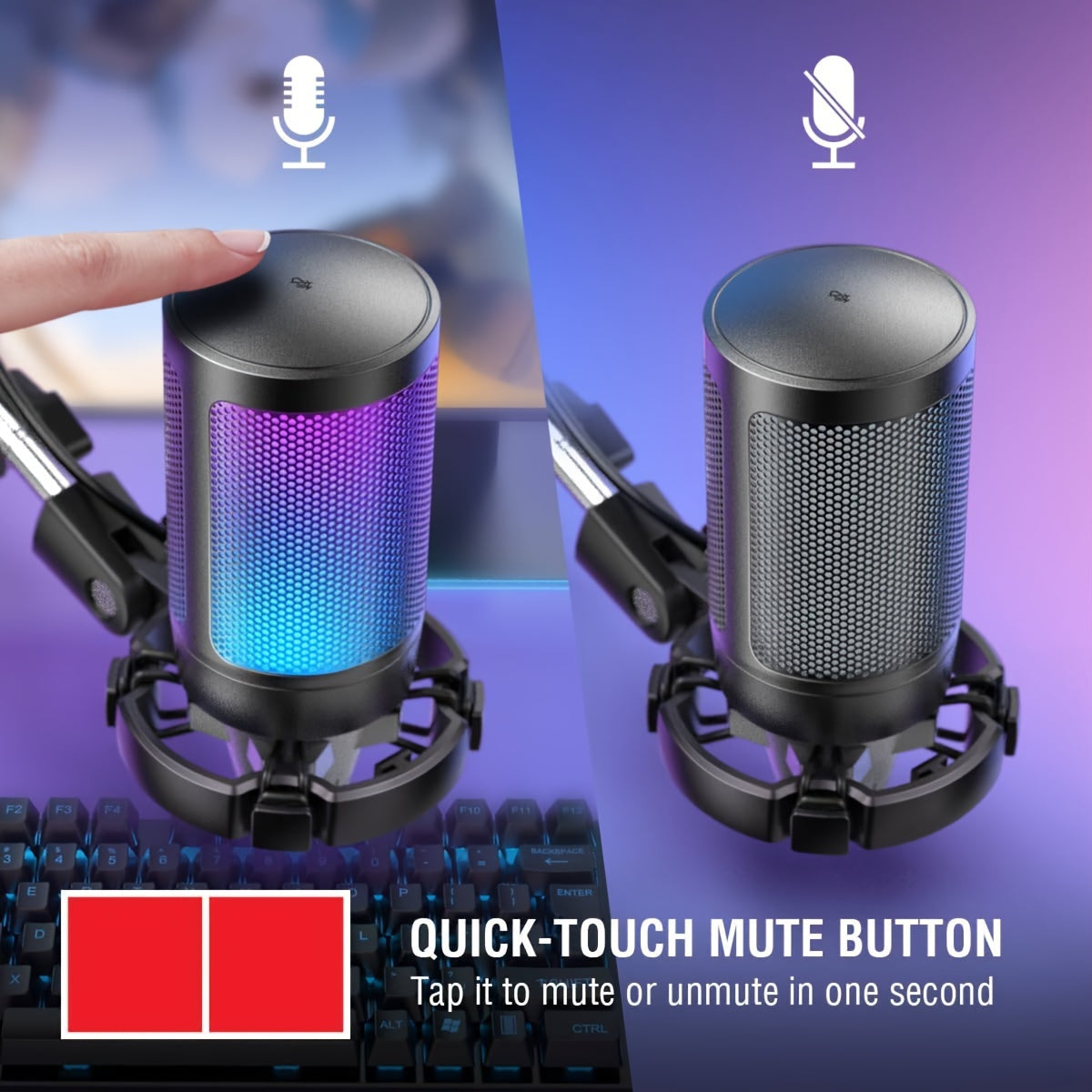 Gaming PC USB Microphone, Podcast Condenser Mic With Boom Arm, Pop Filter, Mute Button For Streaming, Twitch, Online Chat, RGB Computer Mic For PS4/5 PC Gamer Youtuber-AmpliGame A6T, Christmas, Festival, New Year's Gift