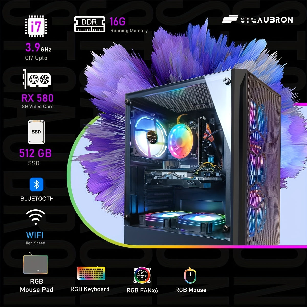 STGAubron Gaming PC Desktop Computer, Core I7 Up To 3.9GHz, Radeon RX 580 8G Graphics, 16G RAM, 512G SSD, WiFi 6, Bluetooth 5.0, RGB Fan X6, Windows 11 Home