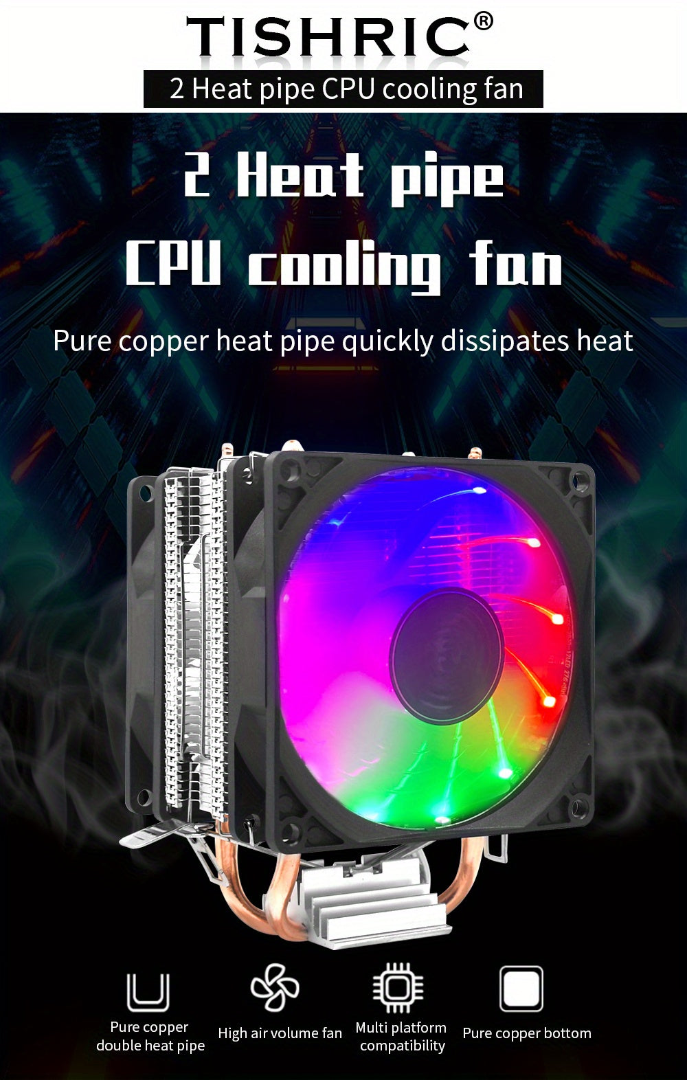 TISHRIC CPU Processor Cooler Cooling Fan RGB 3Pin PWM 2 Heat Pipes CPU Cooler Radiator PC Fan For Intel 1200 1150 1151 1155 1700 AM3 AM4.