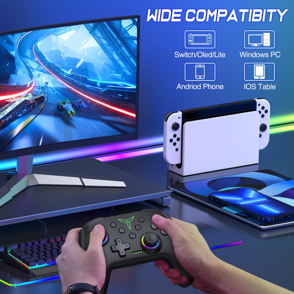 RGB Wireless Pro Controller For Nintendo Switch - Vibrant Lights, Programmable Buttons, Turbo Boost, OLED Compatible - For Gaming Experience