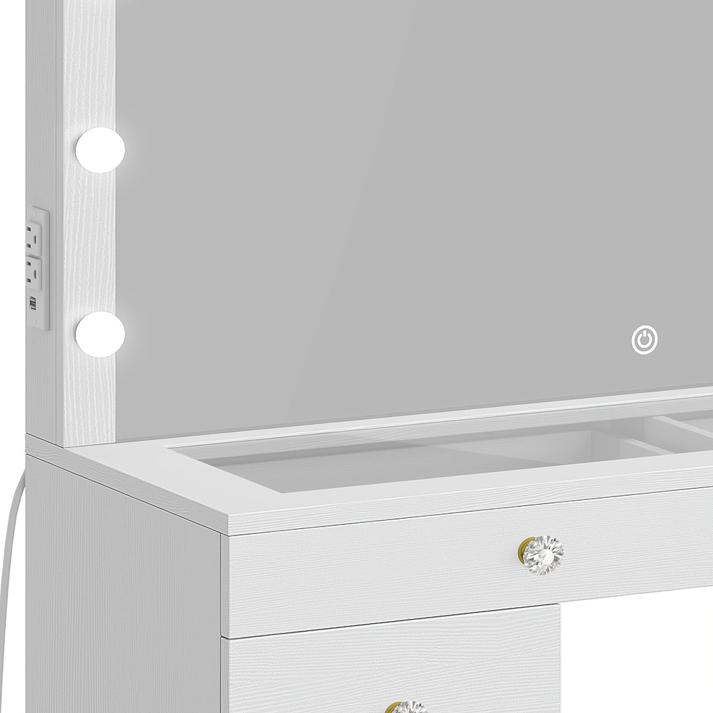 Xelsyo Vanity Table Set with 3 Color Lighted Mirror & 8 Drawers, Modern Makeup Desk with Charging Station & Stool, Makeup Vanity Dressing Table for Bedroom for Women Girls, White & Gold