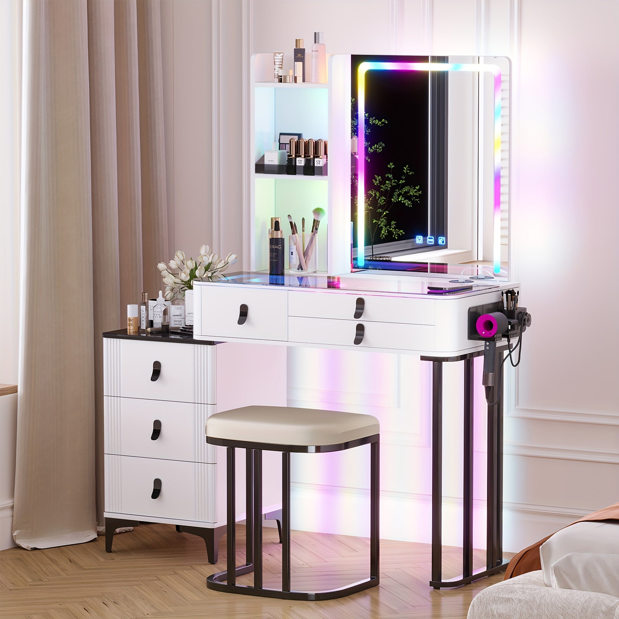 RGB Makeup Vanity Desk with Mirror and Lights, 7 Dynamic&7 Static Dimmable Vanity Table Set with Wireless Charging Station, Make up Vanity with Stool, Glass Top, 3-Tier Shelf, 6 Drawers