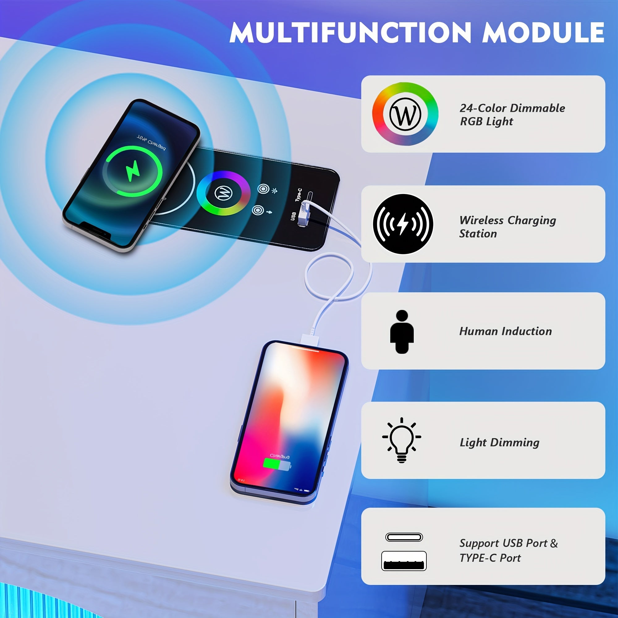 RGB TV Stand with Wireless Charging Station for TVs up to 75 Inch, Human Sensor LED TV Cabinet with USB&Type-C Ports, 24 Color Dimmable Television Stand with Drawers & Storage Cabinet