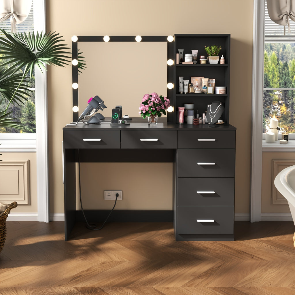 Modern Vanity Desk with Storage Shelves and Mirror, 6 Drawers Makeup Vanity Table