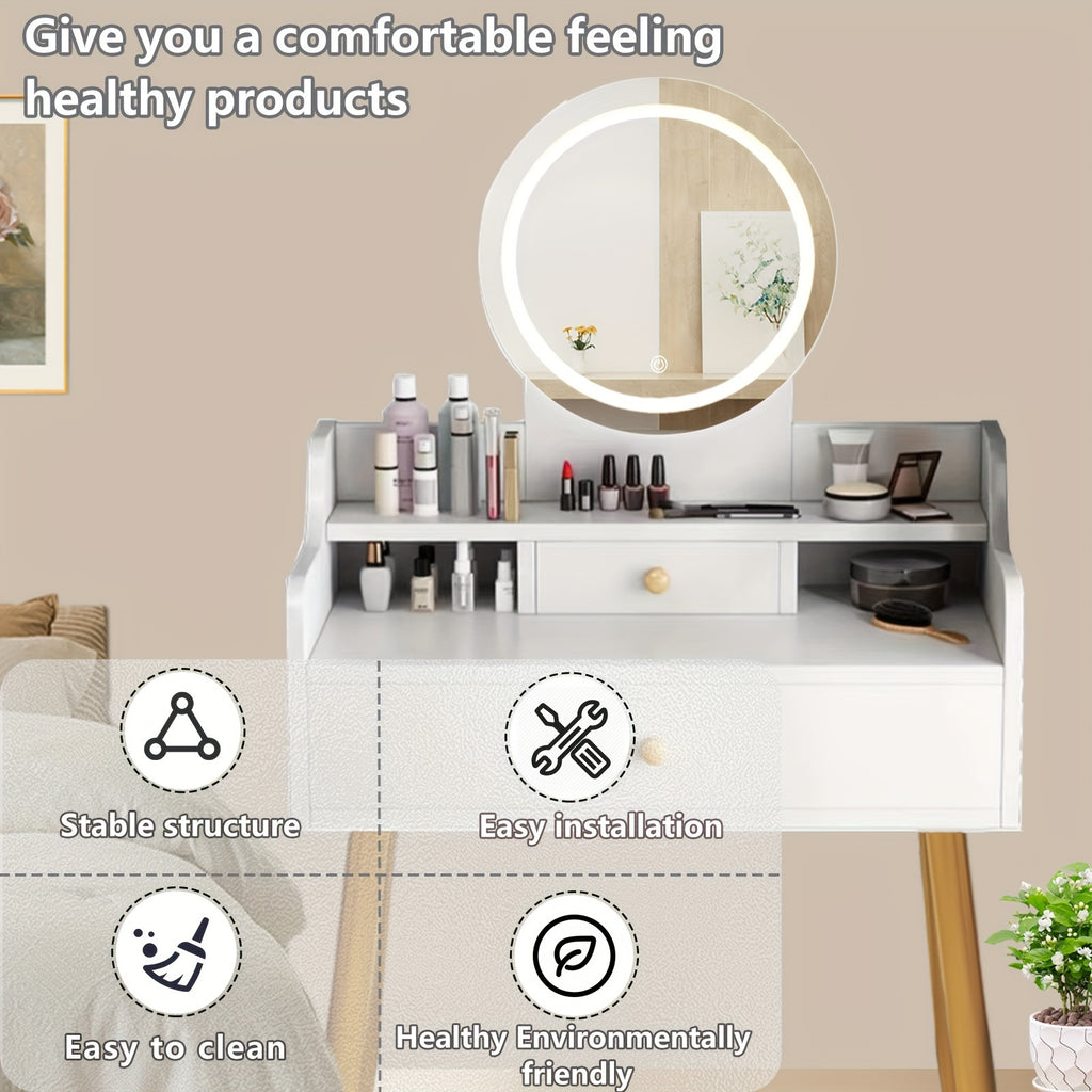 Vanity Desk With Lights With Mirror And Lights, 3 Lighting Modes, Dressing Table With Drawers, Multifunctional Makeup Vanity Table For Women Girls Bedroom Small Space